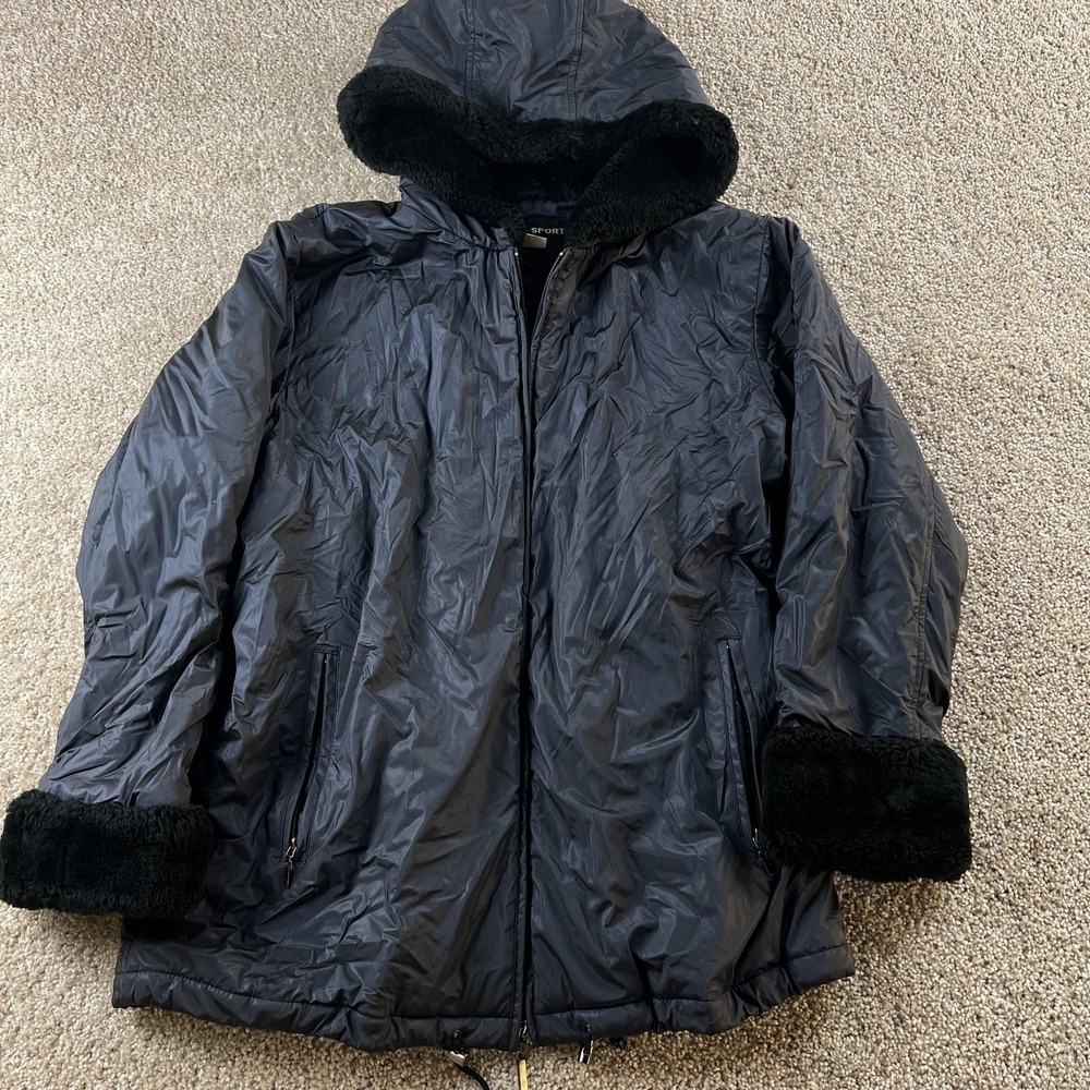 Vintage PAO Sport Jacket Womens Large Black Faux Fur Lined Hooded Zip Parka Coat